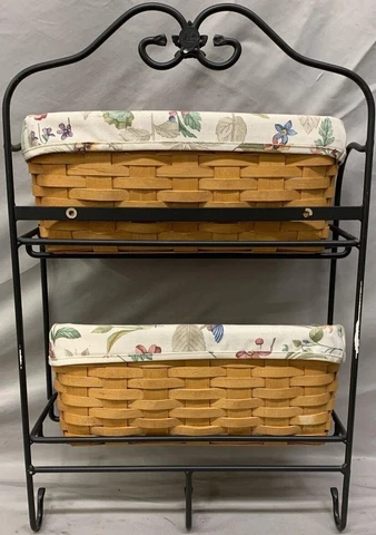 Longaberger Wrought Iron Holder Wall Rack w/ Envelope Baskets and Fabric Liners Cover