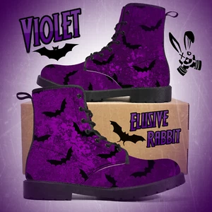 Gothic Violet Purple Bat Boots Custom Flat Shoe 3 4 5 6 7 8 Winter Halloween - Picture 1 of 12