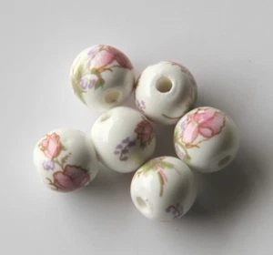 30pcs 8mm Round Porcelain/Ceramic Beads - White / Pale Pink Peony Flowers - Picture 1 of 2