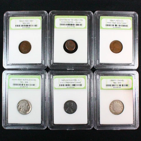 6 Coin Collector Set Ancient Roman, Indian,1909 & 1943 Steel 1c, Buff & V Nickel Cover