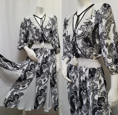 Vestido Georgette Vintage DIANE FREIS Original Negro Blanco Cintura Calada -Talla S/M Foto 1 de 4