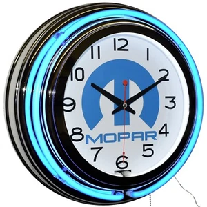 15" Mopar Double Neon Clock Dodge Chrysler Garage Man Cave Decor (Blue) - Picture 1 of 6