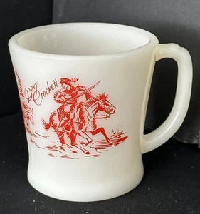 Vintage FIRE-KING DAVY CROCKETT MilkGlass MUG Red Print HORSES COVERED WAGON 50s - Picture 1 of 23