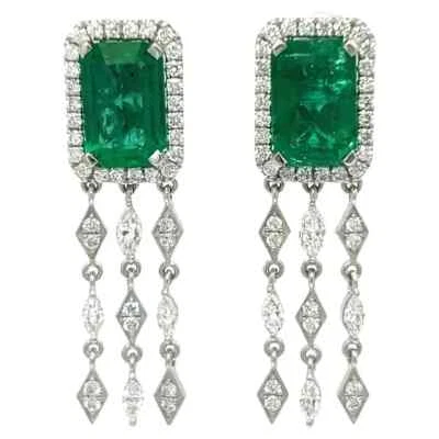 Glamorous Dangling Green Emerald & White Simulated Sapphires 935 Silver Earrings - Image 1 of 4