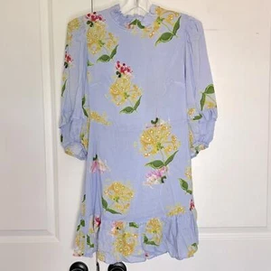 NWT Cynthia Rowley Tayla Ruffle Light Blue Floral Puff Sleeve Mini Dress 2 - Picture 1 of 11