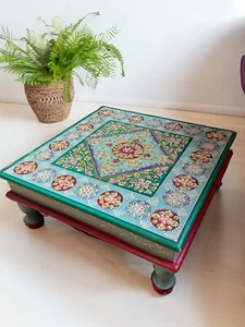 Small Coffee Table Beautiful Hand Painted Bajot Turquoise Wooden Indian Tables - Picture 1 of 14