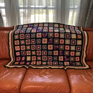Granny Square Afghan Crochet Throw Blanket Black 52" x 44 Vintage Handmade - Picture 1 of 15