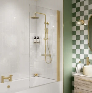  Brushed Brass Bath Hinged Shower Screen Frameless Square- 6mm Glass-1400mm High - Picture 1 of 4