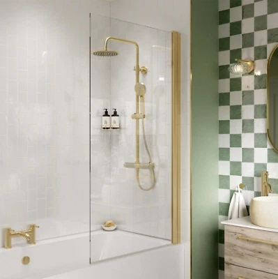  Brushed Brass Bath Hinged Shower Screen Frameless Square- 6mm Glass-1400mm High - Image 1 of 4