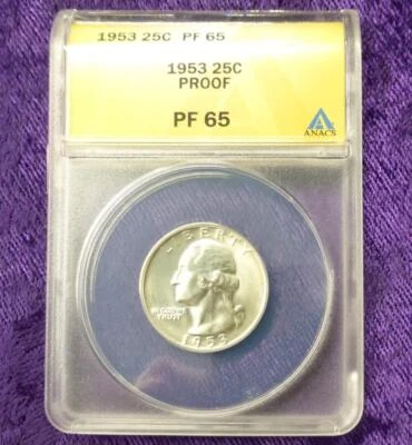 1953 ANACS PF 65 Silver Washington Quarter, Gem Proof 65 Silver 25-Cent Coin - Image 1 of 4