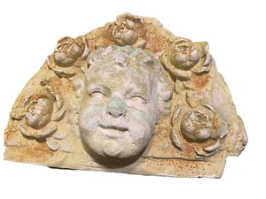 Weathered Unusual 3d Vintage Concrete Cherub Roses Flower Garden Wall Statue - Picture 1 of 12