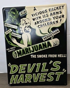 DEVIL’S HARVEST Marijuana Metal Tin The Smoke of Hell Anti-Weed Sign Ande Rooney - Picture 1 of 7