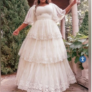 Jessakae Snowflake Dress 1X Cream Tiered Maxi Flutter Sleeve Wedding New - Picture 1 of 18