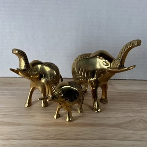 Vintage Messing Elefant Familie mit 3 Figuren Rüssel oben - Bild 1 von 9