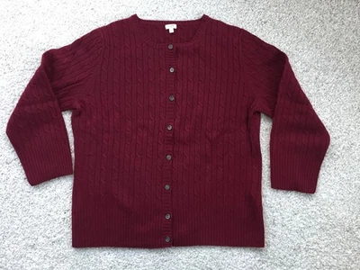 J.Crew 羊毛羊绒电缆 Cardi 葡萄酒纽扣前 3/4 Slv 圆领毛衣 二手状况完好 — 第 1/4 张图片