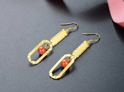 B22 Orecchini Ovale Telaio con Sfera Rotondi Agata 925 Sterling Argento Dorato - Immagine 1 di 4