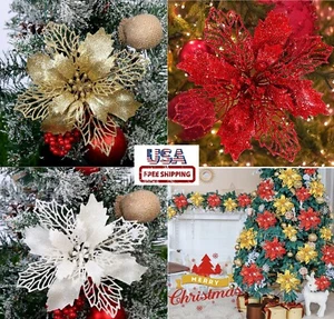 10× Christmas Poinsettia Glitter Flower Silver Gold Hanging Xmas Tree Decor US - Picture 1 of 23