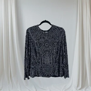 Vintage Naeem Khan Riazee Heavy Beaded Long Sleeve Silk Top Black Silver Size XL - Picture 1 of 14