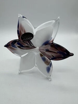 Estatuilla Pisapapeles Estilo Murano Arte Vidrio Multicolor Blanco Púrpura Flor Foto 1 de 4