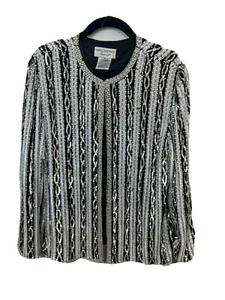 Papell Boutique Evening Black White 100% Silk Sequin Beaded Women's L Jacket CI - Picture 1 of 12