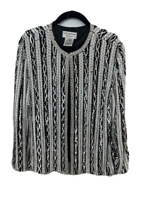 Papell Boutique Evening Black White 100% Silk Sequin Beaded Women's L Jacket CI - Image 1 of 4