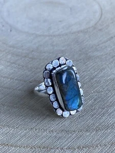 Natural Labradorite Ring Size L 1/2 Sterling Silver 925 Plated Green Flower Sun - Picture 1 of 4