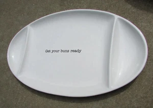 Mud Pie White "Get Your Buns Ready" Hamburger BBQ Oval Serving Platter 20” X 12” - Picture 1 of 4