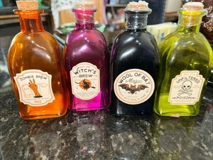 Glass Apothecary Jar Set Witches Potion Halloween Cork Jar Set Of 4 - Picture 1 of 4