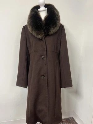 Vtg Women’s 6 Jones New York Brown Wool Blend Pea Coat Trench Faux Fur Collar - Image 1 of 4