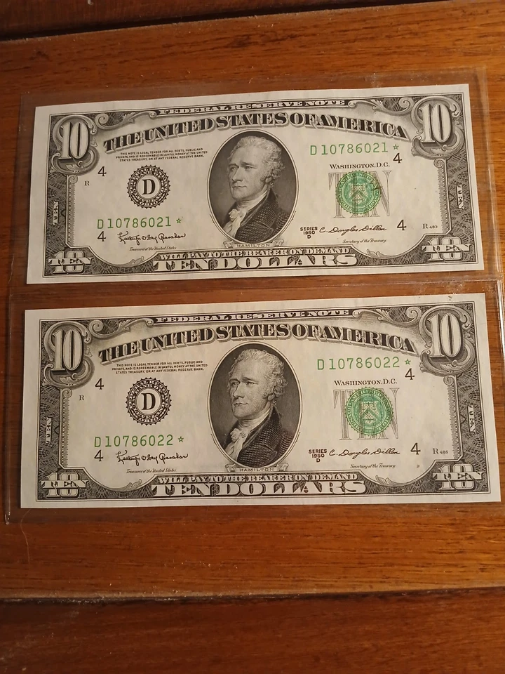 1950D $10 FEDERAL RESERVE STAR NOTES (RARE) (2 CONSECUTIVE) CHOICE UNCIRULATED - Image 1 of 2