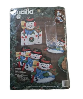 Bucilla Snowman Coasters Plastic Canvas Kit 61186 Vintage Christmas READ - Image 1 of 2