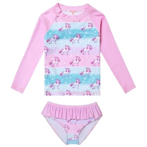 Girls Rash Guard Swimwear Unicorn Swimsuits 2-Piece Long Sleeve Tankini Swimwear - Picture 1 of 6