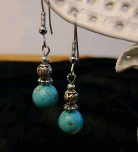 Handmade Turquoise Bead Earrings with Silver Accents Boho Southwestern Dangles - Picture 1 of 3