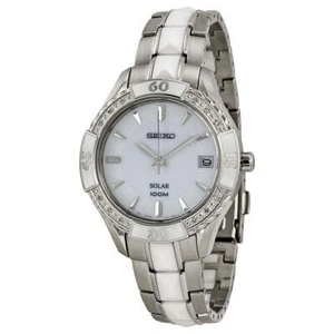 Seiko Solar White Dial Stainless Steel and White Ceramic Ladies Watch SNE881 - Picture 1 of 1