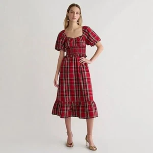 J. Crew Smocked-Waist Puff-Sleeve Cotton Poplin Midi Dress Good Tidings Plaid XS - Picture 1 of 11