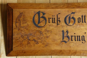 Altes Holzschild groß antik Brandmalerei Spruchbild Sinnspruch Haussegen 100cm - Bild 1 von 8