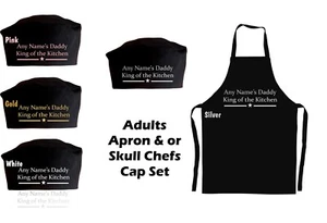 Personalised Daddy's Kitchen Print 100% Cotton Black Apron / Chefs Cap - Picture 1 of 7