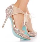 Blue by Betsey Johnson Womens Stela Pumps Gold Glitter Mesh Ankle Bow Tie 9