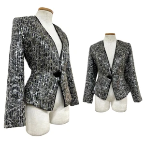 Vintage 1980s Nolan Miller Sequin Black and White Floral Blazer Evening Jacket - Picture 1 of 7