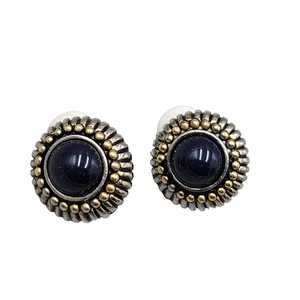 Vintage Navy Blue Cabochon Clip on Earrings Silver & Gold Plated 7/8 in - Picture 1 of 8