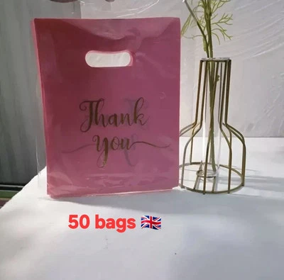 50 Plastic Black Thank You Gift Bags/Carrier Bag Party UK Seller 🇬🇧