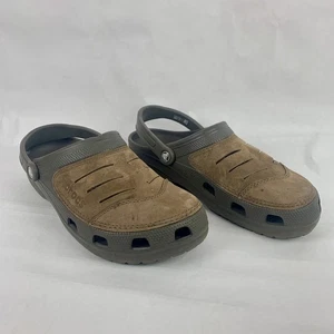 Crocs Mens Bogota Clogs Brown Leather Size 12 Slip On Sandals Shoes Casual Beach - Picture 1 of 13
