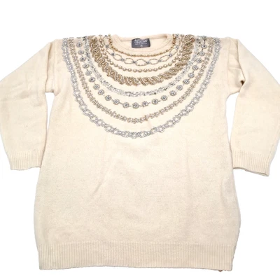 Suéter De Colección Marisa Christina Con Cuentas Talla M Crema Invierno Blanco Perlas Plata Dorado Foto 1 de 4