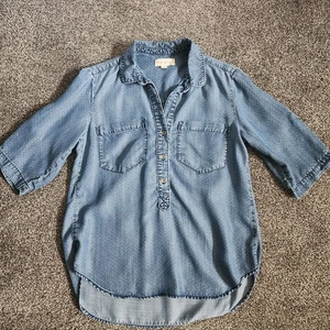 Anthropologie Cloth & Stone Chambray Denim Shirt Small Swiss Polka Dots Blue - Picture 1 of 7