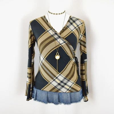 VTG 00s Y2K Ozone USA Black Tan & White Plaid Long Bell Sleeve Wrap Top Sz S - Image 1 of 4