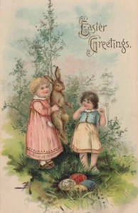 Postcard Easter German Embossed Girls with Big Rabbit Gold Gilt - Picture 1 of 2