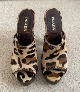 PRADA Women's Size EU 37.5 US 7.5 Pony Hair Clog Mules Heels Shoes St Leopardo - Picture 1 of 18
