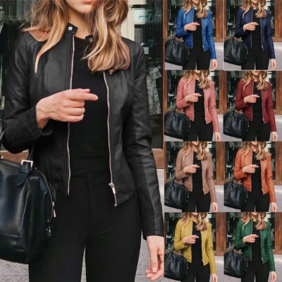 Ladies Casual Zip Up Faux Leather Jacket Biker Blazer Coat Women Outwear Tops UK