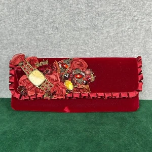 Mixed Media rote Samt Clutch Handtasche OOAK verziert Uhr Strass Abend - Bild 1 von 11