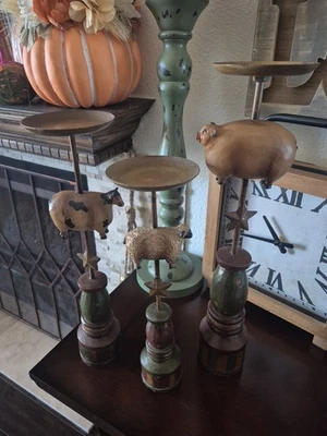 Kirkland's Rustic Farmhouse Style Candle Holders with Pig, Cow & Sheep - Image 1 of 4